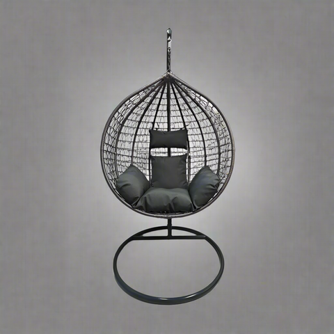 Egg Chair Swing on Patio with Gray Cushion

Hanging Egg Chair with Stand – Outdoor Setup

Egg Chair Basket Frame Close-Up

Dark Gray Cushion Detail

Indoor Setup of Egg Hammock Chair