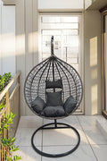 Egg Chair Swing on Patio with Gray Cushion

Hanging Egg Chair with Stand – Outdoor Setup

Egg Chair Basket Frame Close-Up

Dark Gray Cushion Detail

Indoor Setup of Egg Hammock Chair