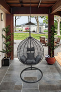 Egg Chair Swing on Patio with Gray Cushion

Hanging Egg Chair with Stand – Outdoor Setup

Egg Chair Basket Frame Close-Up

Dark Gray Cushion Detail

Indoor Setup of Egg Hammock Chair