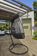 Egg Chair Swing on Patio with Gray Cushion

Hanging Egg Chair with Stand – Outdoor Setup

Egg Chair Basket Frame Close-Up

Dark Gray Cushion Detail

Indoor Setup of Egg Hammock Chair