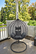 Egg Chair Swing on Patio with Gray Cushion

Hanging Egg Chair with Stand – Outdoor Setup

Egg Chair Basket Frame Close-Up

Dark Gray Cushion Detail

Indoor Setup of Egg Hammock Chair