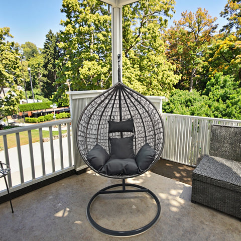 Egg Chair Swing on Patio with Gray Cushion

Hanging Egg Chair with Stand – Outdoor Setup

Egg Chair Basket Frame Close-Up

Dark Gray Cushion Detail

Indoor Setup of Egg Hammock Chair