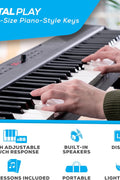 Alesis Recital Play digital piano with accessories bundle
88-key digital piano with stand and gig bag
USB MIDI piano setup for students and beginners
Full view of Alesis Recital Play with pedal and stand
Piano demo showing voices, rhythms, and modes