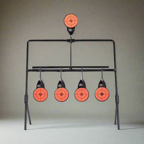 Close-up of auto-reset mechanism on .22 steel shooting target