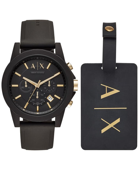 A|X Armani Exchange Men's Chronograph Black Silicone Strap Watch 45mm Gift Set - Black - with Black | Sold by Uncle Wiener's Wholesale