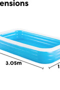 Bestway inflatable rectangular paddling pool with family inside

Top-down view of Bestway blue inflatable pool

Inflatable pool on grass with children playing

Side angle of Bestway pool showing two air chambers

Dimensions of Bestway family pool

Family enjoying inflatable pool in the backyard

Rectangular Bestway paddling pool setup outdoors