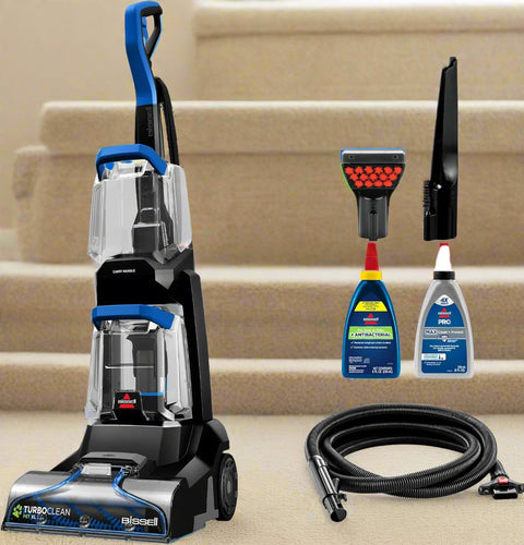 BISSELL TurboClean Pet XL Carpet Cleaner upright model with accessories
BISSELL stain tool and antibacterial carpet formula included
Carpet cleaner removing pet stain on rug with crevice tool
BISSELL cleaner in use on stairs and tight spaces
Full BISSELL TurboClean upright cleaning set with included formulas