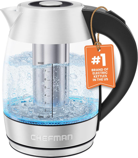Chefman Electric Glass Kettle, Fast Boiling W/ LED Lights, Auto Shutoff & Boil Dry Protection, Cordless Pouring, BPA Free, Removable Tea Infuser, 1.8 Liters - with | Sold by Uncle Wiener's Wholesale
