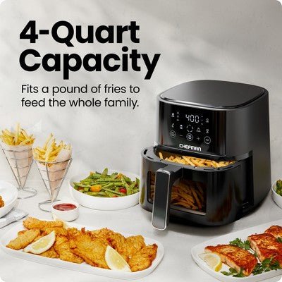 Chefman TurboFry Touch 4 - Qt Easy - View Air Fryer w/ 4 Cooking Presets and 450F Hi - Fry Button - Black - with Dimensions (Overall): 10.24 inches (H) x 14.57 inches (W) x 10.04 inches (D) | Sold by Uncle Wiener's Wholesale