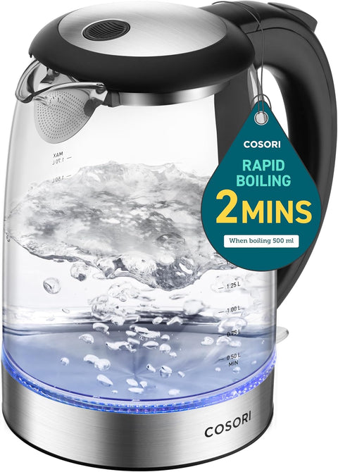 COSORI Electric Kettle 1.7L, 1500W Wide Opening Glass Tea Kettle & Hot Water Boiler, Stainless Steel Filter And Inner Lid, LED Indicator Auto Shut - Off & Boil - Dry Protection, Cordless, BPA Free, Black - with | Sold by Uncle Wiener's Wholesale