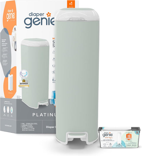 Diaper Genie Platinum Diaper Pail, Sage Green - Made in Durable Stainless Steel and Includes 1 Easy Roll Refill with 18 bags - with | Sold by Uncle Wiener's Wholesale
