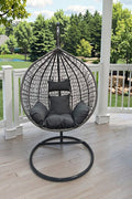 Egg Chair Swing on Patio with Gray Cushion

Hanging Egg Chair with Stand – Outdoor Setup

Egg Chair Basket Frame Close-Up

Dark Gray Cushion Detail

Indoor Setup of Egg Hammock Chair