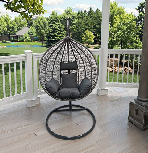 Egg Chair Swing on Patio with Gray Cushion

Hanging Egg Chair with Stand – Outdoor Setup

Egg Chair Basket Frame Close-Up

Dark Gray Cushion Detail

Indoor Setup of Egg Hammock Chair
