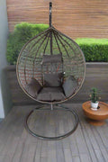 Egg Chair Swing on Patio with Gray Cushion

Hanging Egg Chair with Stand – Outdoor Setup

Egg Chair Basket Frame Close-Up

Dark Gray Cushion Detail

Indoor Setup of Egg Hammock Chair