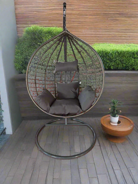 Egg Chair Swing on Patio with Gray Cushion

Hanging Egg Chair with Stand – Outdoor Setup

Egg Chair Basket Frame Close-Up

Dark Gray Cushion Detail

Indoor Setup of Egg Hammock Chair
