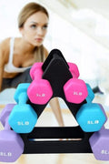 6-piece neoprene dumbbell set with 2, 3, 5 lb weights and storage rack
Color-coded neoprene dumbbells with anti-roll hex shape
Vertical rack holding pink, blue, and purple dumbbells for home fitness
Non-slip dumbbell set with compact stand for small spaces