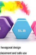 6-piece neoprene dumbbell set with 2, 3, 5 lb weights and storage rack
Color-coded neoprene dumbbells with anti-roll hex shape
Vertical rack holding pink, blue, and purple dumbbells for home fitness
Non-slip dumbbell set with compact stand for small spaces