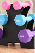 6-piece neoprene dumbbell set with 2, 3, 5 lb weights and storage rack
Color-coded neoprene dumbbells with anti-roll hex shape
Vertical rack holding pink, blue, and purple dumbbells for home fitness
Non-slip dumbbell set with compact stand for small spaces