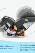 Graco 4Ever 4-in-1 car seat in gray black fabric, angled front view

Graco car seat installation and adjustment positions (4 modes)

Closeup of harness system adjustment knob

Parent placing child in highback booster setup

Side view showing headrest and belt path