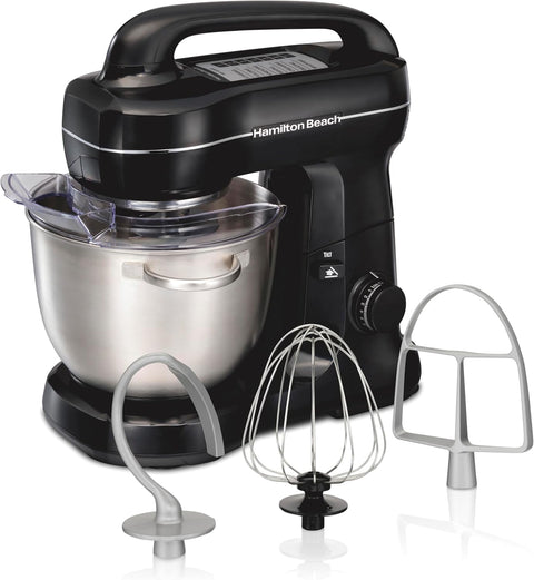 Hamilton Beach Electric Stand Mixer, 4 Quarts, Dough Hook, Flat Beater Attachments, Splash Guard 7 Speeds With Whisk, Black With Top Handle - with | Sold by Uncle Wiener's Wholesale