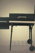 "Heavy-duty charcoal grill with offset smoker combo"
"Powder-coated outdoor charcoal BBQ with side shelves and wheels"