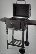 "Heavy-duty charcoal grill with offset smoker combo"
"Powder-coated outdoor charcoal BBQ with side shelves and wheels"