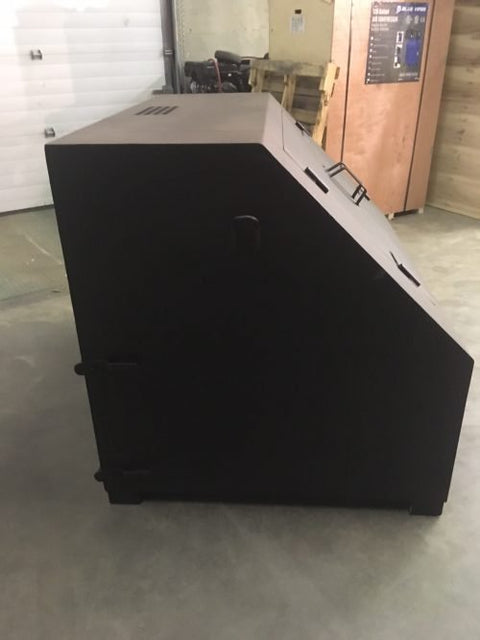 “Top view of black steel garbage incinerator fire pit with vent holes”

“Steel incinerator box with forklift access and reinforced lid”

“High-efficiency vented garbage burner with heavy-duty design”

“Open view of fire pit incinerator showing internal air grates”

“Steel waste disposal incinerator with front-loading forklift pockets”