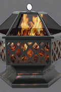 Closeup of heavy-duty mesh screen panels on hexagon fire pit