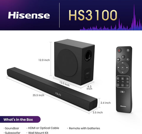Hisense HS3100 - 3.1 Channel 480W Soundbar with 6.5 inch Wireless Subwoofer, 3 Full - Range Speakers, 2 tweeters, 480W Max Audio Power, 5.3 Wireless Bluetooth, Powered by DTS Virtual:X, Roku TV Ready - with | Sold by Uncle Wiener's Wholesale