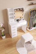 White Hollywood Vanity Set with LED Mirror, Drawers, and Padded Stool