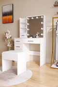 White Hollywood Vanity Set with LED Mirror, Drawers, and Padded Stool