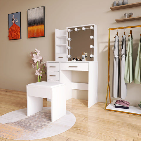 White Hollywood Vanity Set with LED Mirror, Drawers, and Padded Stool