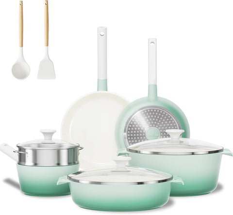 JEETEE Pots and Pan Set Nonstick, Ceramic Cookware Sets 12 Pcs, Healthy Non Stick Cookware Set, Non - Toxic Induction Pots and Pans Kitchen Cooking Set, PFOS & PFOA Free, Green Gradient - with | Sold by Uncle Wiener's Wholesale