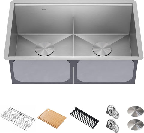 KRAUS Kore Workstation 30 - inch Undermount 16 Gauge Stainless Steel Kitchen Sink, Double Bowl Kitchen Sink with Accessories, KWU112 - 30 - with Stainless Steel | Sold by Uncle Wiener's Wholesale