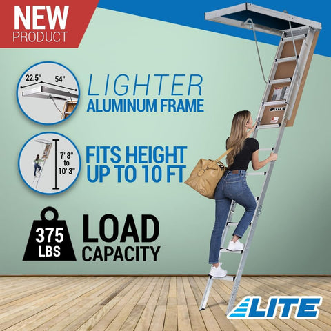10-foot aluminum attic ladder for 54 x 22.5 ceiling opening
LITE attic ladder with 375 lb capacity – folding design
Type IAA-rated heavy-duty aluminum attic ladder
Attic ladder with wide non-slip treads for safe access