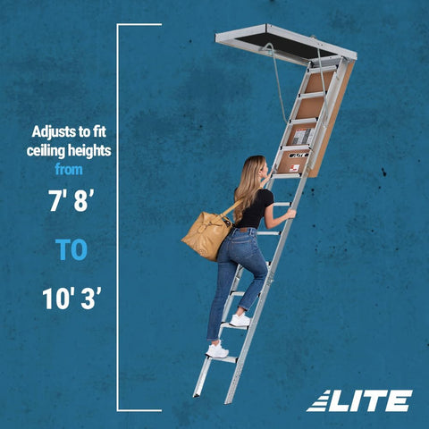 10-foot aluminum attic ladder for 54 x 22.5 ceiling opening
LITE attic ladder with 375 lb capacity – folding design
Type IAA-rated heavy-duty aluminum attic ladder
Attic ladder with wide non-slip treads for safe access