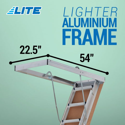 10-foot aluminum attic ladder for 54 x 22.5 ceiling opening
LITE attic ladder with 375 lb capacity – folding design
Type IAA-rated heavy-duty aluminum attic ladder
Attic ladder with wide non-slip treads for safe access