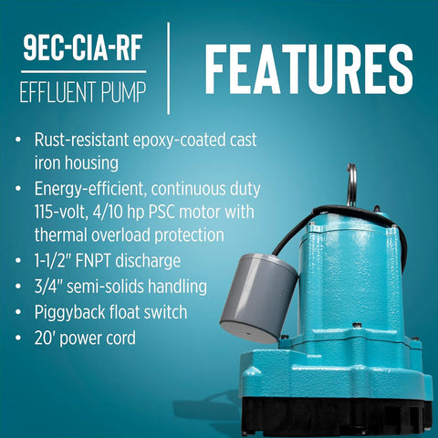 Little Giant 9EC - CIA - RF 115 Volt, 4/10 HP, 4200 GPH Automatic Cast Iron Sump/Effluent Pump with Piggyback Float Switch and 20 - Ft. Cord, Blue, 509801 - with | Sold by Uncle Wiener's Wholesale