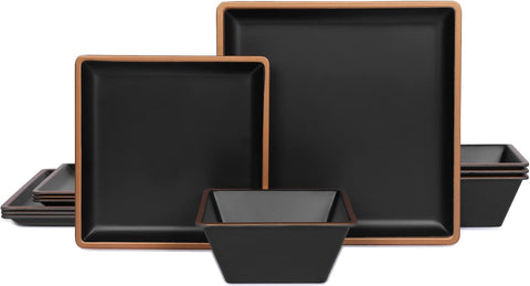 Melamine Dinnerware Sets Service for 4, Square Dinner Plates and Bowls Set,12 - Piece Set Non - breakable Lightweight Dinner Tableware for Indoor/Outdoor Use - with Metallic bronzed edge | Sold by Uncle Wiener's Wholesale