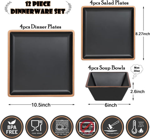 Melamine Dinnerware Sets Service for 4, Square Dinner Plates and Bowls Set,12 - Piece Set Non - breakable Lightweight Dinner Tableware for Indoor/Outdoor Use - with Metallic bronzed edge | Sold by Uncle Wiener's Wholesale