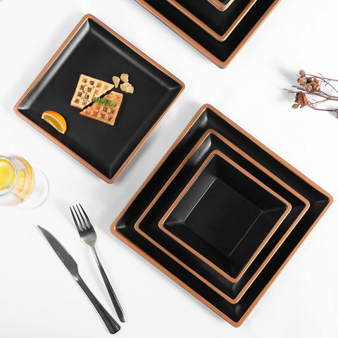 Melamine Dinnerware Sets Service for 4, Square Dinner Plates and Bowls Set,12 - Piece Set Non - breakable Lightweight Dinner Tableware for Indoor/Outdoor Use - with Metallic bronzed edge | Sold by Uncle Wiener's Wholesale