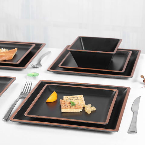Melamine Dinnerware Sets Service for 4, Square Dinner Plates and Bowls Set,12 - Piece Set Non - breakable Lightweight Dinner Tableware for Indoor/Outdoor Use - with Metallic bronzed edge | Sold by Uncle Wiener's Wholesale