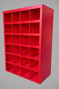 Steel bolt bin cabinet with 96 compartments – black

Red bolt organizer cabinet – front view

Side-by-side metal bin cabinets for hardware storage

Open hardware parts bins mounted on workshop wall

Heavy-duty steel bin rack for bolts and fasteners