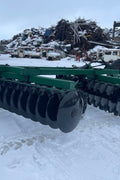 10 FT Hydraulic Offset Tractor Disc Harrow in field setup
Side view of 10-foot disc harrow with 28 manganese steel blades
Rear blade configuration of hydraulic disc harrow
Top view showing hydraulic tubing and disc spacing
Offset disc harrow mounted on green tractor for field work