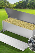 Automatic pedal chicken feeder with open lid and feeding hens
Stainless steel rat-proof chicken feeder for backyard flocks
Outdoor poultry feeder with 10kg capacity and anti-slip treadle
Front view of the self-opening chicken feeder with side panel open