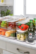 10-pack clear plastic refrigerator and pantry storage bins in assorted sizes with lids and built-in drain tray – BPA-free PET material