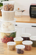 "round and square food storage container set"

"10 piece BPA-free kitchen storage containers"

"stackable plastic food containers with lids"

"clear freezer-safe food containers set"

"organized kitchen pantry with container sets"