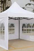 10x10 white gazebo with windows full view

side view of pop-up canopy tent with cathedral windows

steel frame and truss system of event gazebo

pop-up tent folded frame close-up