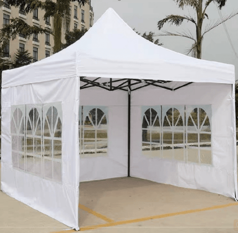 10x10 white gazebo with windows full view

side view of pop-up canopy tent with cathedral windows

steel frame and truss system of event gazebo

pop-up tent folded frame close-up