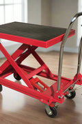 1000 lb hydraulic scissor lift table cart in red with black non-slip platform and ergonomic handle